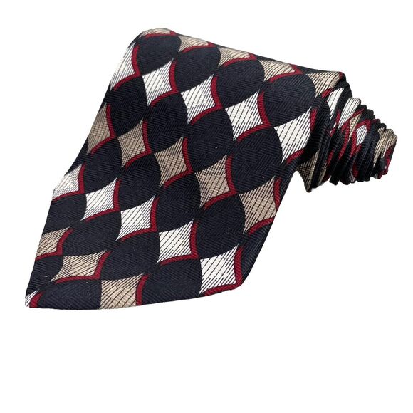 Vintage Givenchy Monsieur Tie 100% Silk Mens Black Red Geometric Italian Fabric - Picture 1 of 11